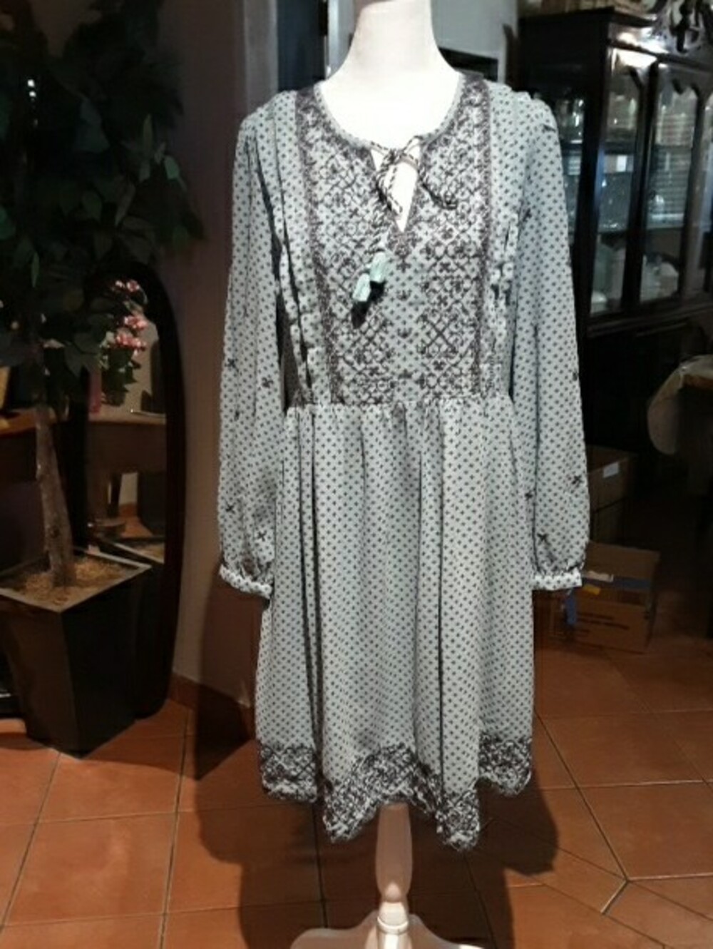 Boho Tie-Neck Long Sleeve Midi Dress in Light Blue - Picture 3 of 9